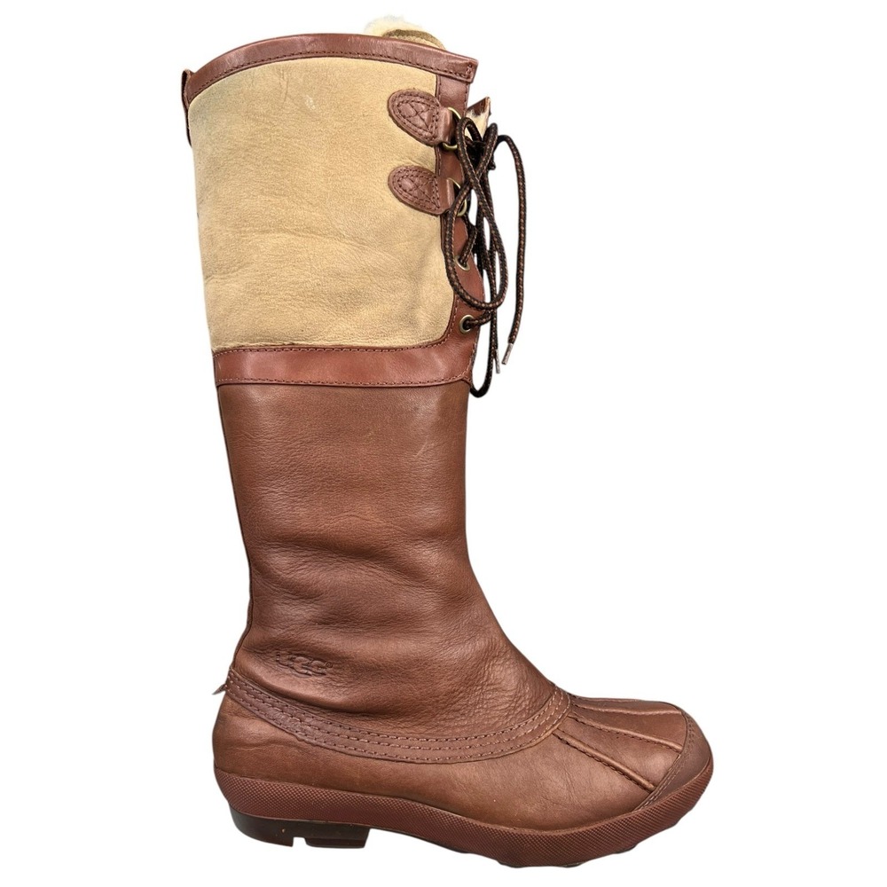 UGG Becloud Tall Duck Boots Brown Leather Suede Waterproof Shearling Zip Size 7